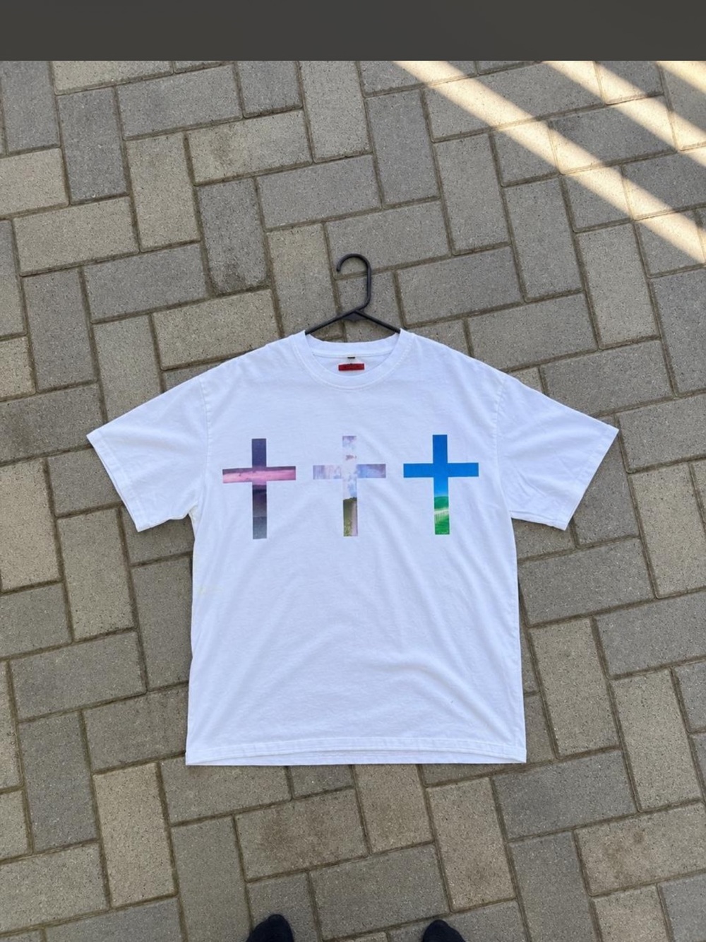 White Short-Sleeve Tee with Multicolor Cross Motif